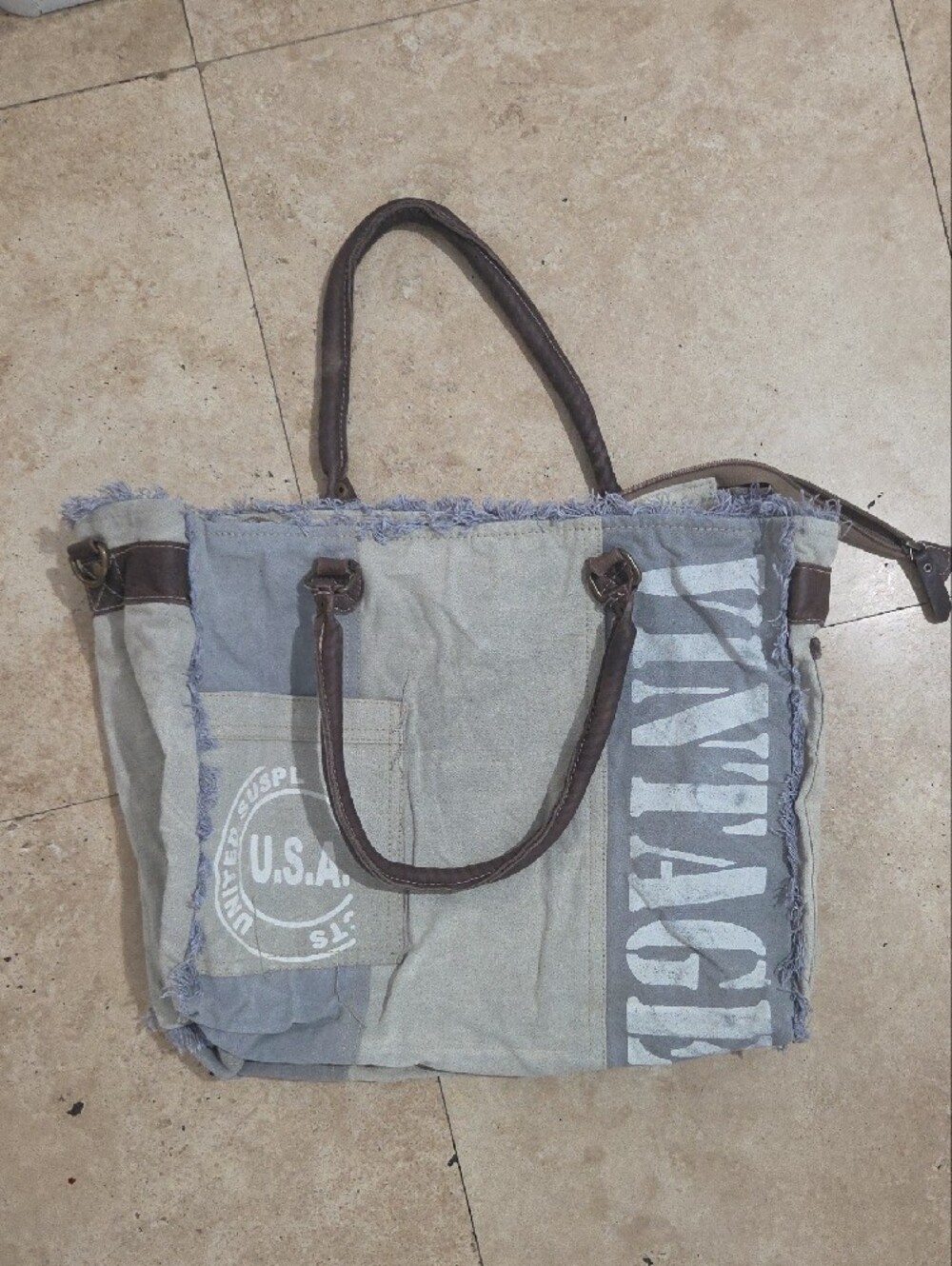 Myra Bag Canvas Tote in Light Blue and Gray with Brown Handles